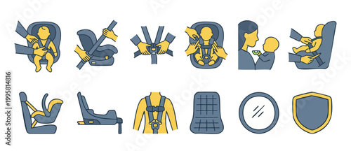 Baby Car Seat Safety Icons, Instructions and Guidelines, Securing Toddler in Vehicle Harness, Infographic Vector Set for Parents and Caregivers, Child Transportation Protection and Security Symbols