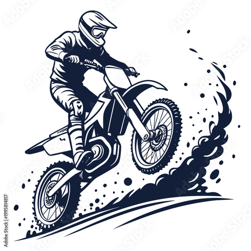 Motocross rider in action jumping on dirt bike with motion blur
