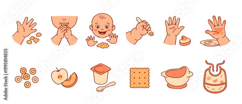 Baby eating food icons set with infant hands, spoon, snacks, and bib illustration. Cute cartoon collection for healthy childhood nutrition, weaning process, and toddler mealtime daily routine design.