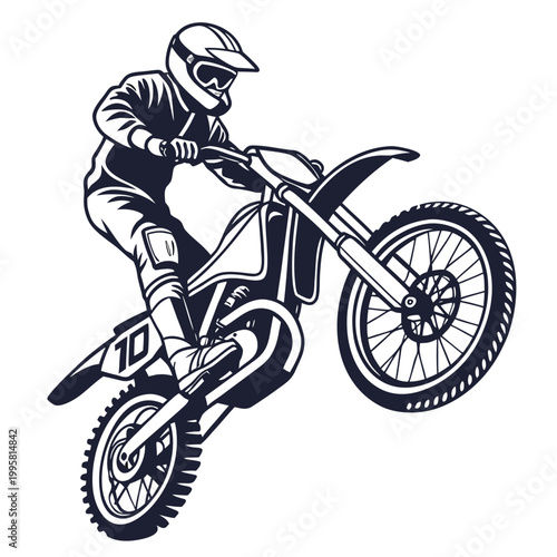 Motocross rider in action jumping on a dirt bike with number 10