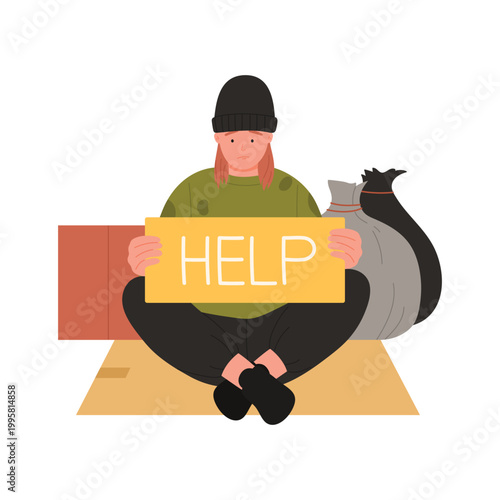 Sad homeless man with help board. Street man begging for help cartoon vector illustration