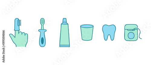 Baby Dental Care Icon Set with Finger Toothbrush, Toothpaste, and Floss for Oral Hygiene Routine, Educational Healthcare Vector Illustration for Pediatric Dentistry and Toddler Teeth Cleaning Practice