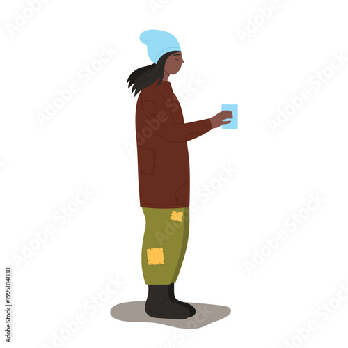 Poor homeless man asking for money. Poverty street lifestyle, unemployed people cartoon vector illustration