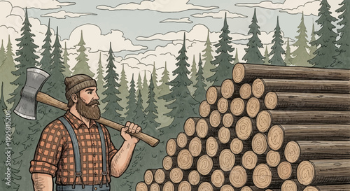 illustration of lumberjack with axe and stacked logs in forest