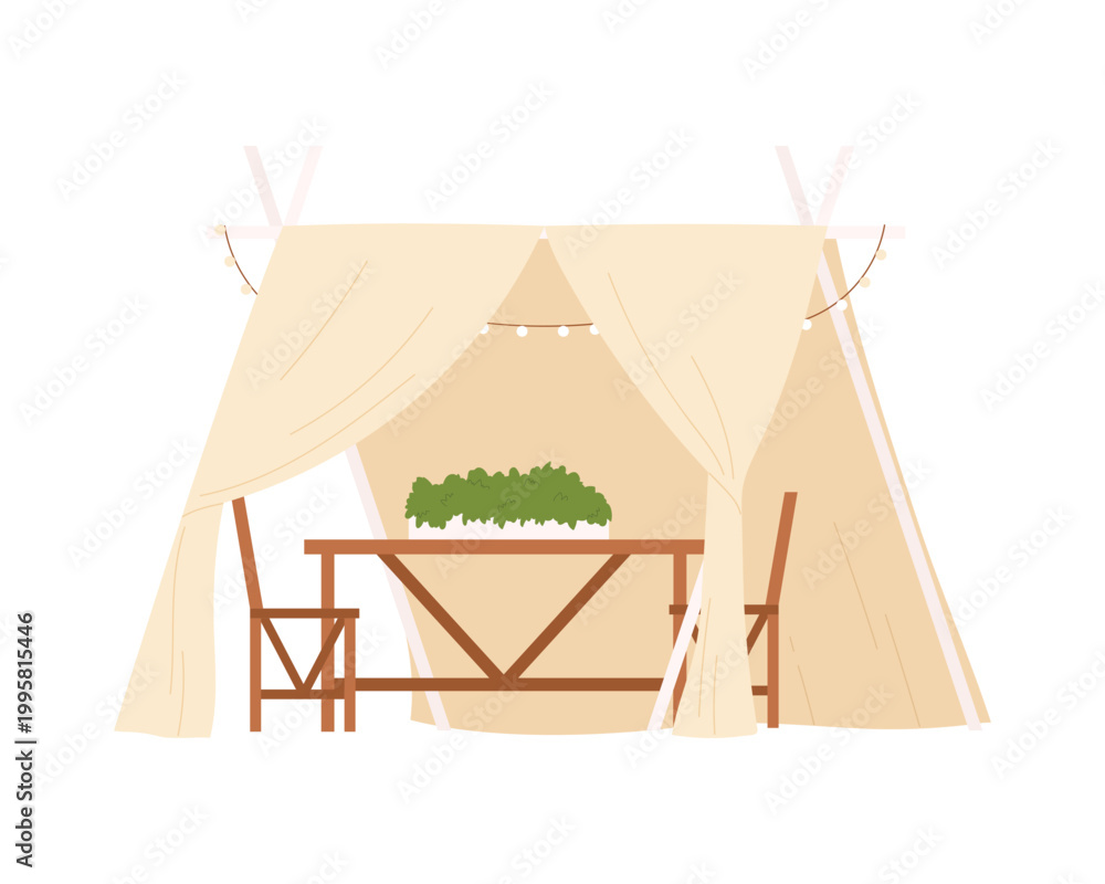 Fototapeta premium Garden patio tent. Outdoor furniture, landscape garden objects, decorative details cartoon vector illustration