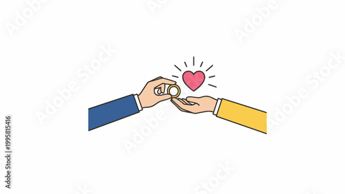 Hands holding engagement ring and heart icon for marriage proposal