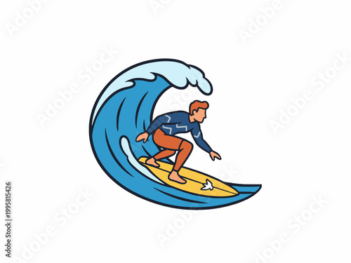 Surfer Riding Ocean Wave Vector Illustration Isolated on White