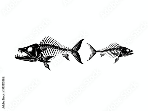 Fish Skeleton Silhouette Fossil Vector Art on White Background