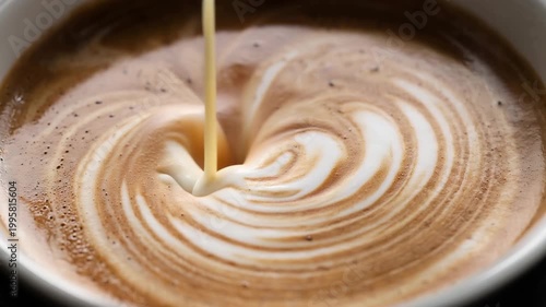 Latte art being created barista pouring milk into coffee with foam