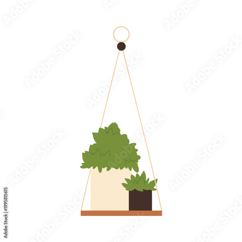 Garden hanging potted plants. Backyard landscape, decorative outdoor botanicals cartoon vector illustration