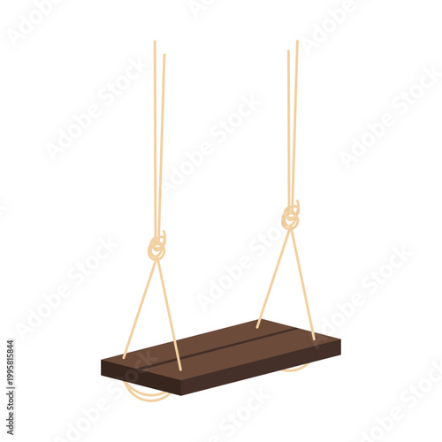 Hanging wooden swing with rope. Garden furniture, backyard landscape cartoon vector illustration