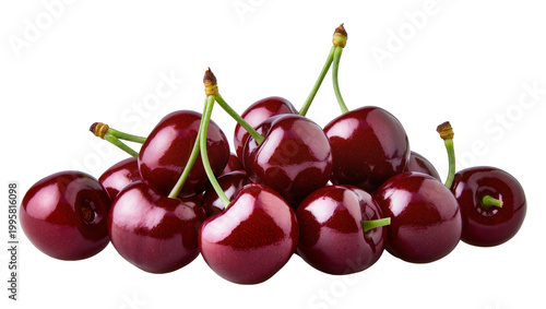 Dark red ripe cherries with green stems arranged in a row
