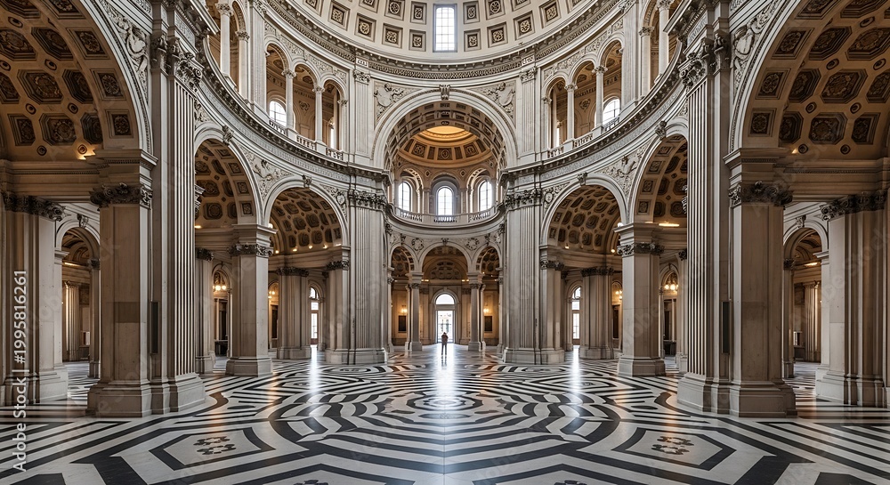 Obraz premium Symmetrical interior of a grand neoclassical rotunda with intricate marble flooring and towering columns