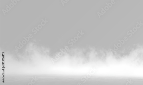 Fotografie Realistic white smoke or fog on grey background, atmospheric low mist ground eff