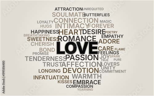 Love and Romance Word Cloud Concept Vector Illustration featuring essential emotional keywords like Passion, Heart, and Devotion on a clean minimalist gradient background, perfect for Valentine's Day 