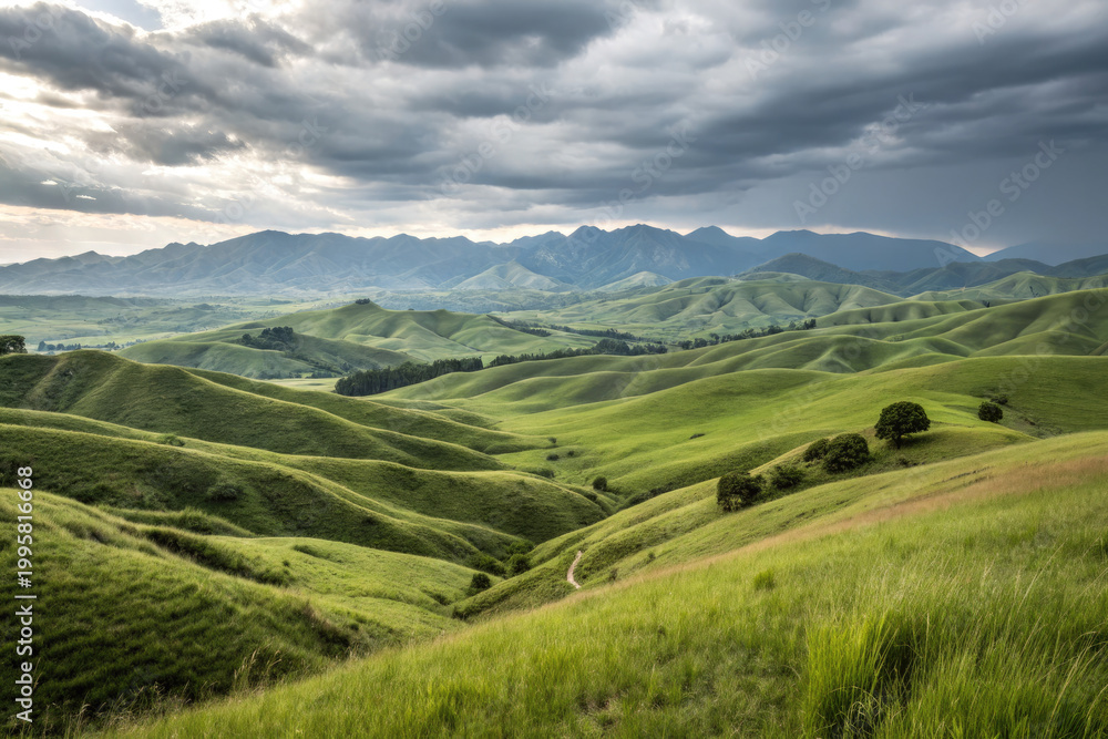 Naklejka premium Rolling green hills, distant mountains, and winding road under cloudy sky rolling hills