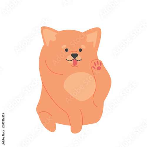 Spitz dog with paw raised. Cute fluffy doggy breed, family domestic puppy cartoon vector illustration