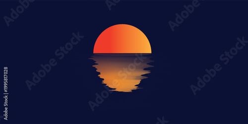 Abstract minimalist sunset over the ocean. Orange sun with water reflection on dark blue background. Simple modern vector illustration for peaceful design