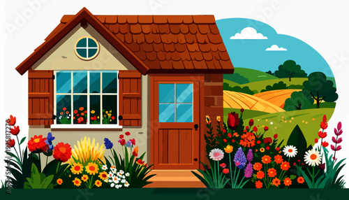 Small house with brown roof flowers.