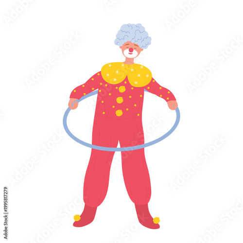 Funny clown with hula hoop. Circus comedy show, amusement park cartoon vector illustration