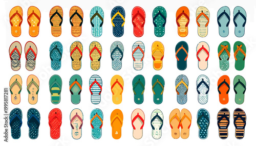 Collection of colorful flip flops.