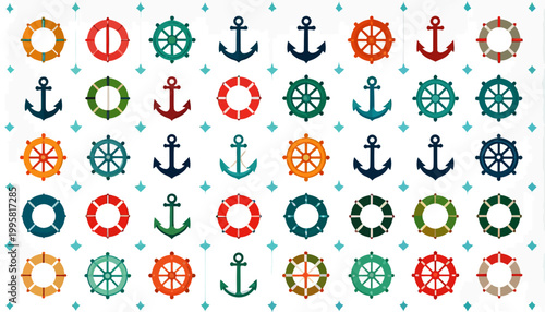 Colorful anchors and ship wheels.