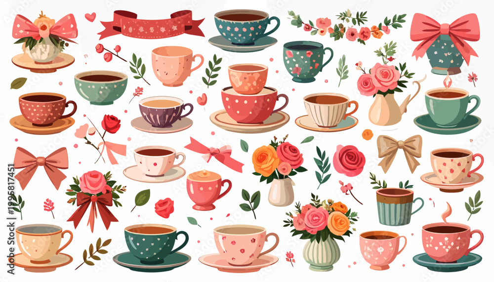 Fototapeta premium Colorful Teacups with Floral Decorations.