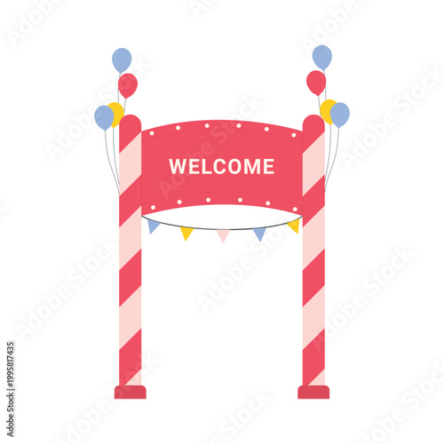 Circus entry arch with balloons. Amusement park entry gate, carnival show cartoon vector illustration