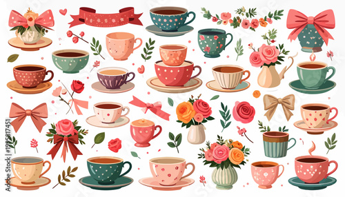 Colorful Teacups with Floral Decorations.