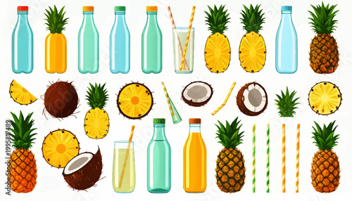 Pineapple juice bottles and fruits.