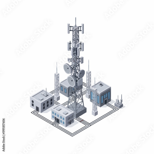 Communication tower with surrounding buildings and infrastructure.