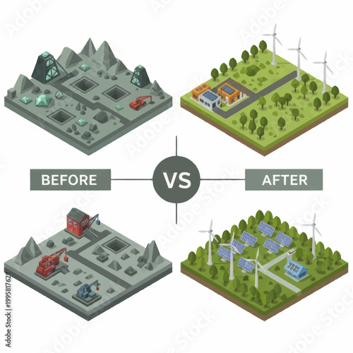 Comparison of environmental transformation from pollution to renewable energy sources.