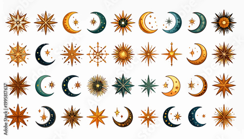 Collection of various star and moon symbols.