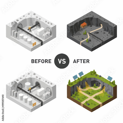 Comparison of industrial infrastructure before and after environmental restoration.