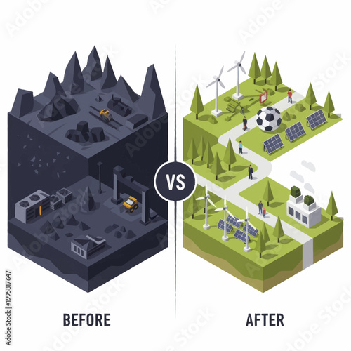 Comparison of a polluted industrial landscape versus a clean renewable energy environment.