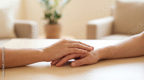 therapist supportive hand care comfort compassion empathy trust counseling gesture on sofa showing reassurance emotional help and calm human connection for mental wellness and healing concepts