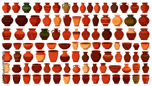 Variety of colorful ceramic pottery vases.