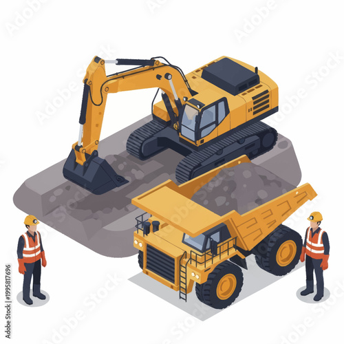 Construction site with excavator and dump truck and workers.