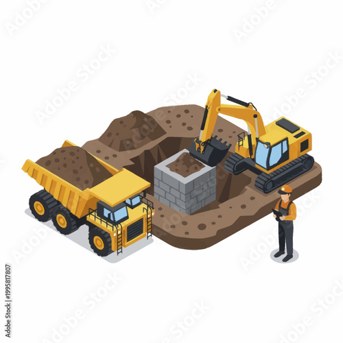 Construction site with excavator and dump truck working.