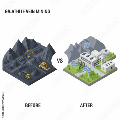 Graphite Vein Mining Before and After Comparison Illustration.