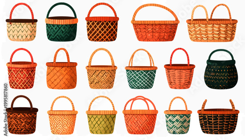 Collection of colorful woven baskets.