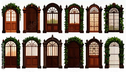 Collection of old wooden doors with windows.