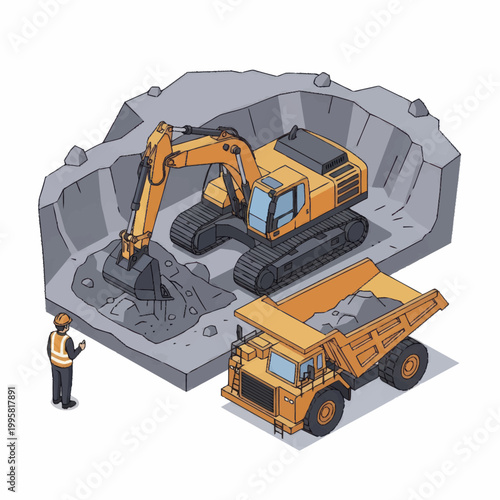 Heavy construction equipment working in a quarry site illustration.