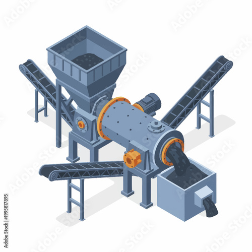 Industrial coal processing machine with conveyor belts and hopper.