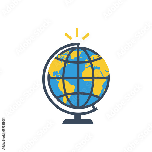 Illustration of a globe shining with vibrant colors highlighting continents with a bright yellow spark above a dark stand conveying education exploration and global connectivity