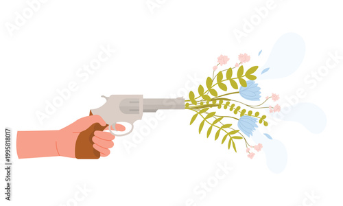 Revolver shooting flowers. Weapon shoots flowers, spreading love and peace cartoon vector illustration