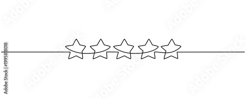 One continuous line drawing of five stars.Rating linear symbols for critic feedback service, rating survey, mobile app. Doodle vector illustration eps 10