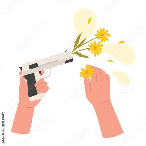 Gun shoots flowers. No war marketing advertising, spreading peace and love cartoon vector illustration