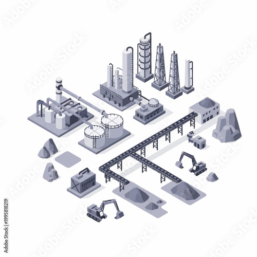 Industrial factory complex with machinery and raw materials.