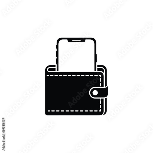 Minimalist black and white vector illustration of a smartphone placed inside a wallet, symbolizing modern digital payment methods and technology integration.